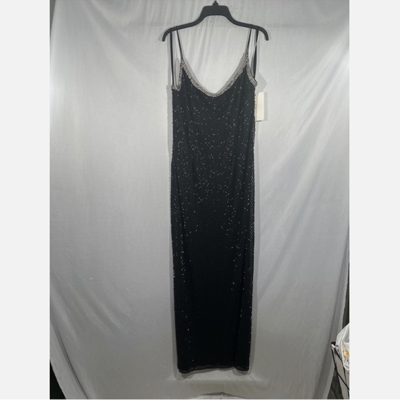 NEW $398 Mac Duggal‎ [ 14 ] Beaded Spaghetti Strap Column Gown Black Silver - Picture 2 of 11